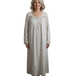 Eileen‎ West Nightgown Women M  White Floral Lace Trim Long Sleeve Cotton Modal